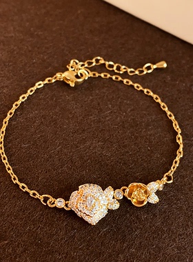 古里雅金色满钻花朵手链高级感