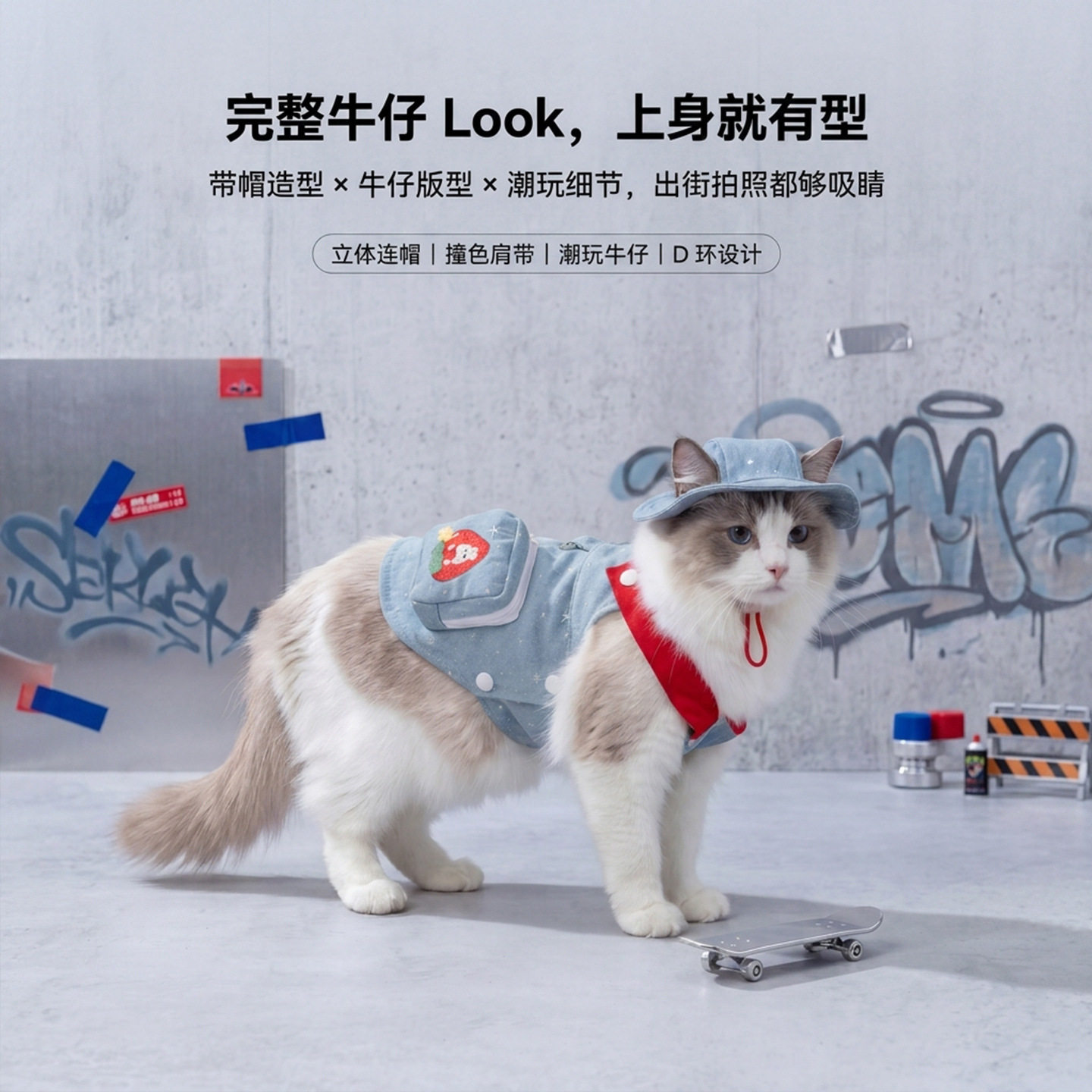 复古港风宠物衣服夏季薄款透气带帽牛仔吊带成幼猫防掉毛猫咪衣服