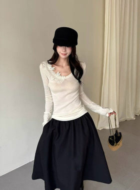 气质优雅白色蕾丝钩花长袖针织打底衫T恤女秋冬轻奢内搭绝美上衣