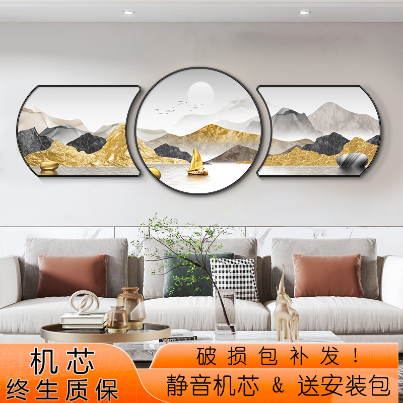 现代新中式客厅装饰画沙发背景墙福鹿生财三联画山水富春山居图画图片