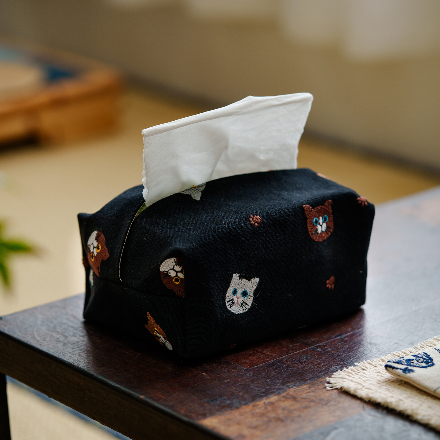 复古黑刺绣猫咪纸巾盒布艺茶道配件家用纸巾套茶桌抽纸盒桌面装饰