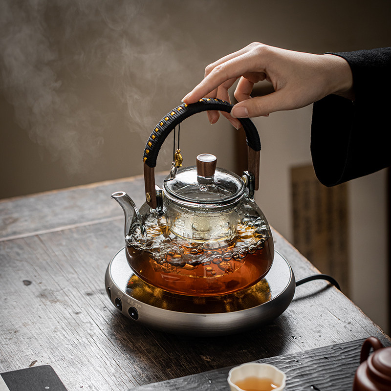 高档玻璃提梁壶黑晶炉蒸煮茶壶加热烧水壶家用陶壶茶具煮茶器套装