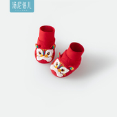 汤尼倍儿新生儿护脚套秋冬季 夹棉宝宝喜庆红色满月婴儿保暖软底鞋