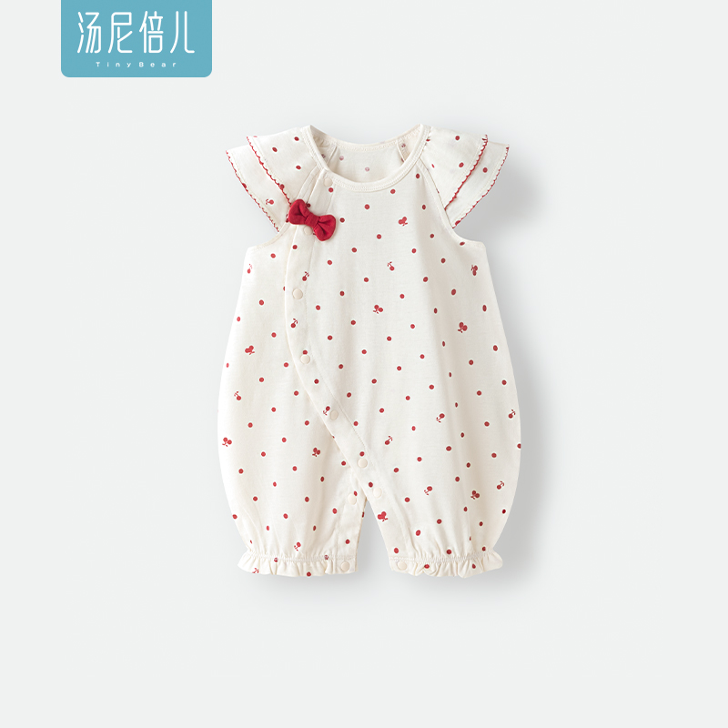 汤尼倍儿婴儿连体衣夏季薄款外出女宝宝花边公主短袖哈衣纯棉夏装