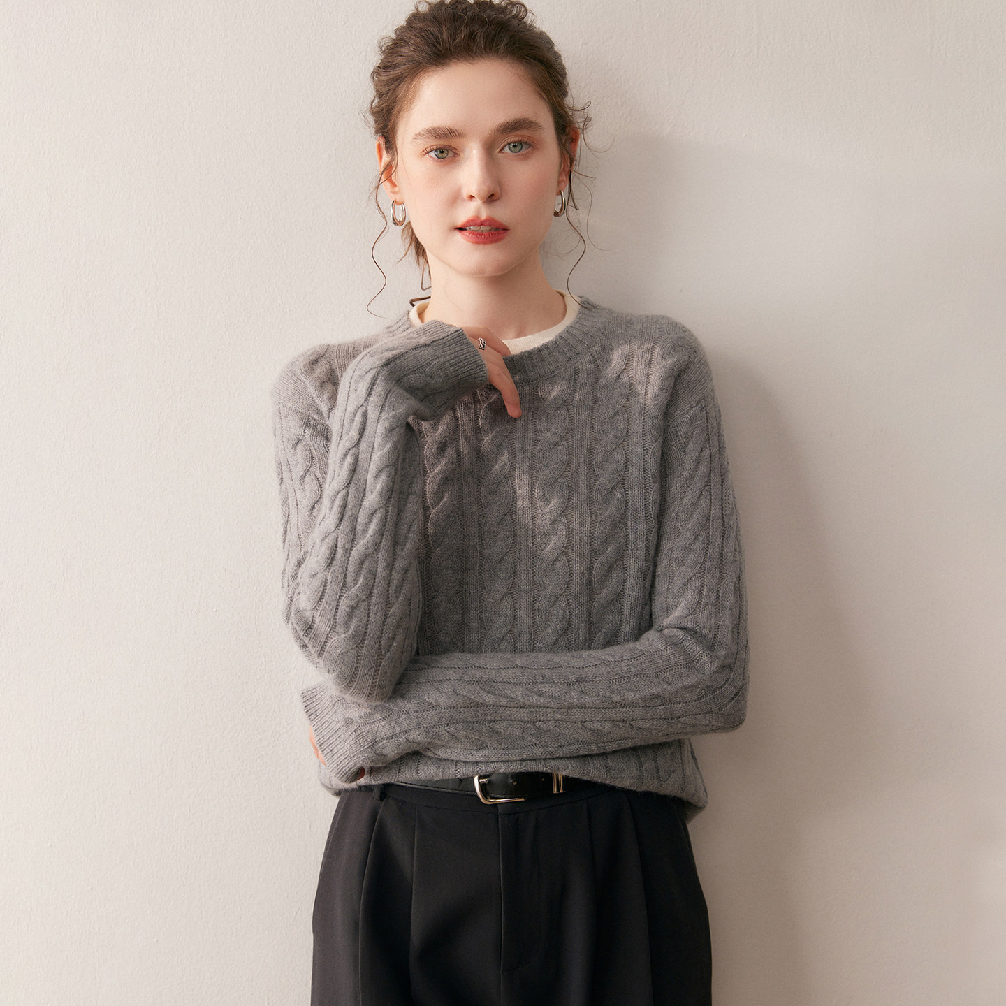 冬季新品假两件圆领麻花山羊绒针织衫女套头毛衣加厚保暖上衣打底