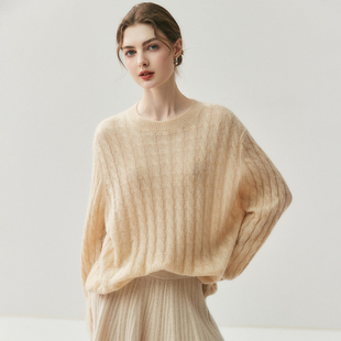 25%桑蚕丝毛衣女圆领麻花宽松慵懒风针织衫 康宝莱纱线 75%山羊绒