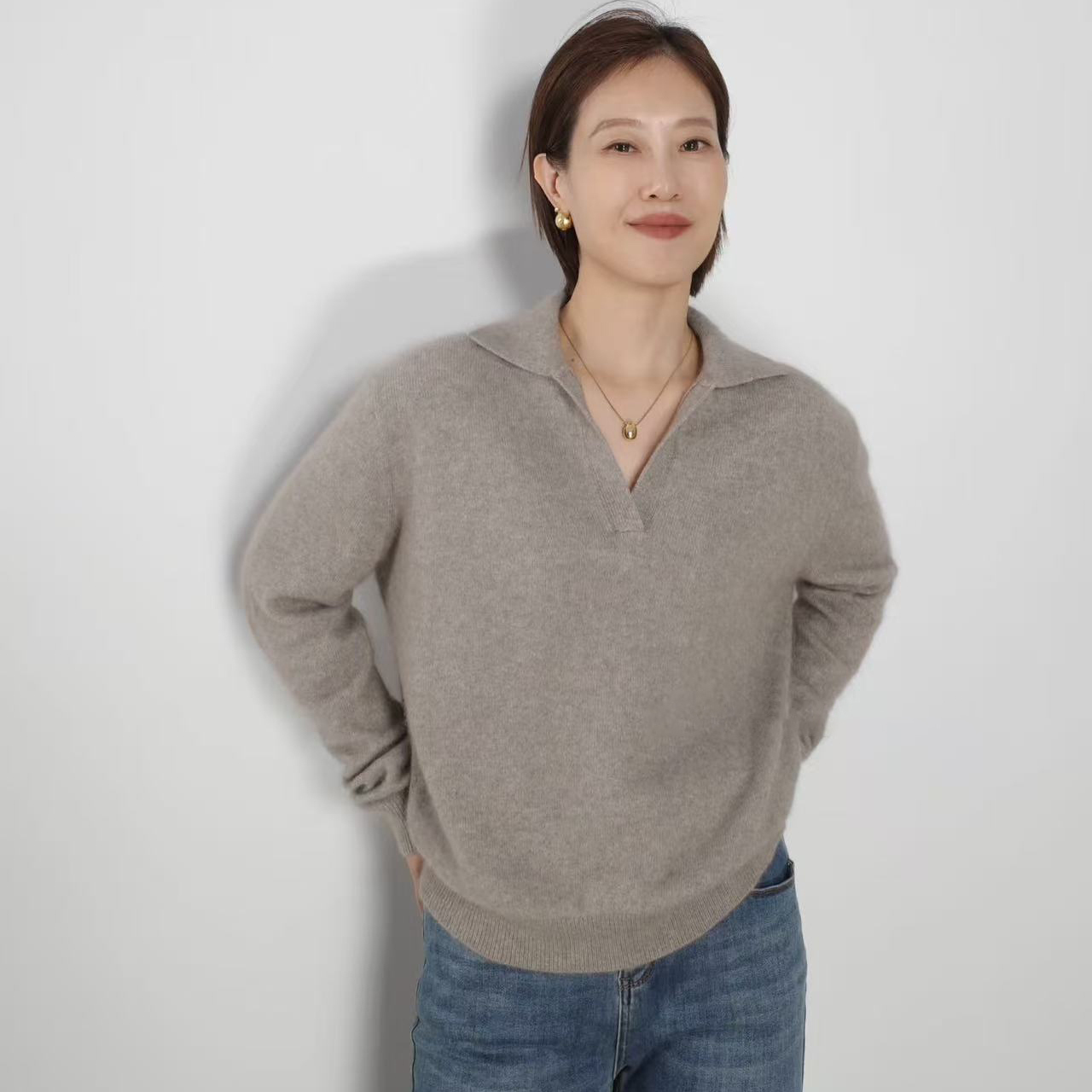 baby小山羊绒衫女polo领套头毛衣