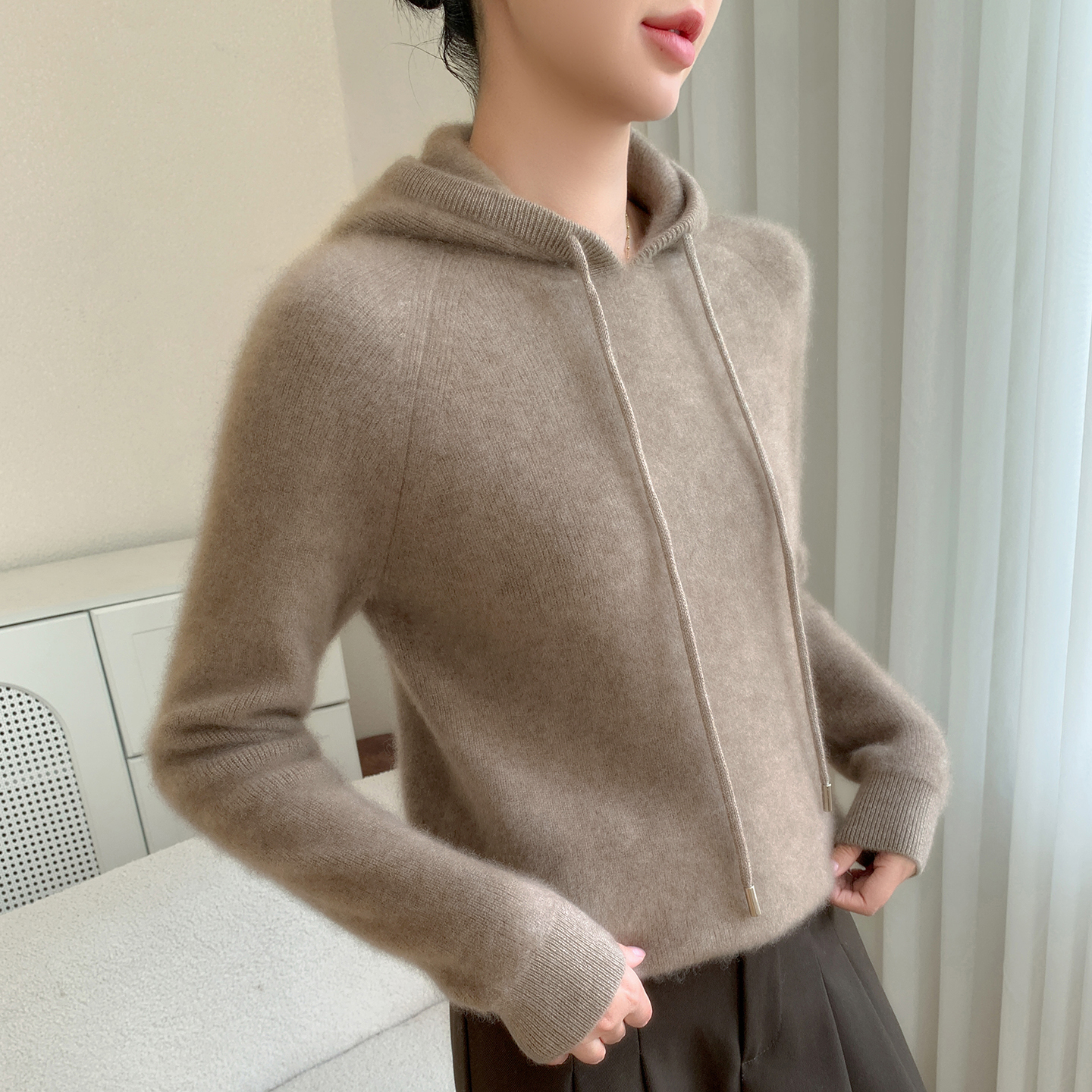 连帽山羊绒针织衫女宽松百搭毛衣