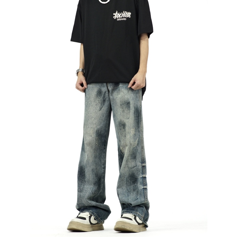 DHSS美式高街泼墨做旧牛仔裤男女水洗vibe直筒宽松阔腿百搭裤子