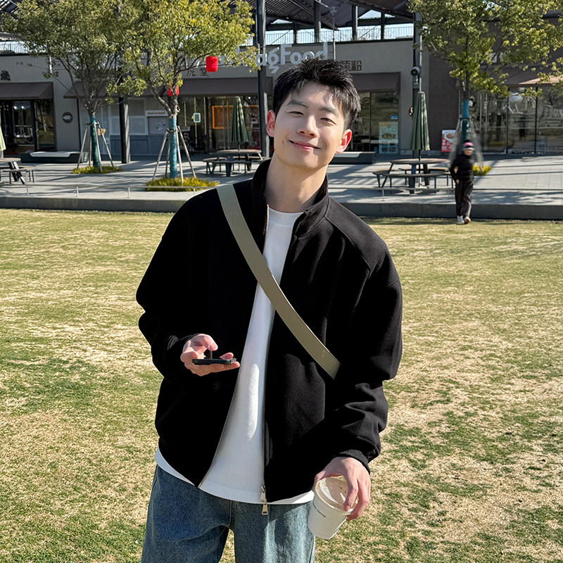 420g重磅黑色立领卫衣开衫男春秋季2026新款纯色上衣外套休闲宽松