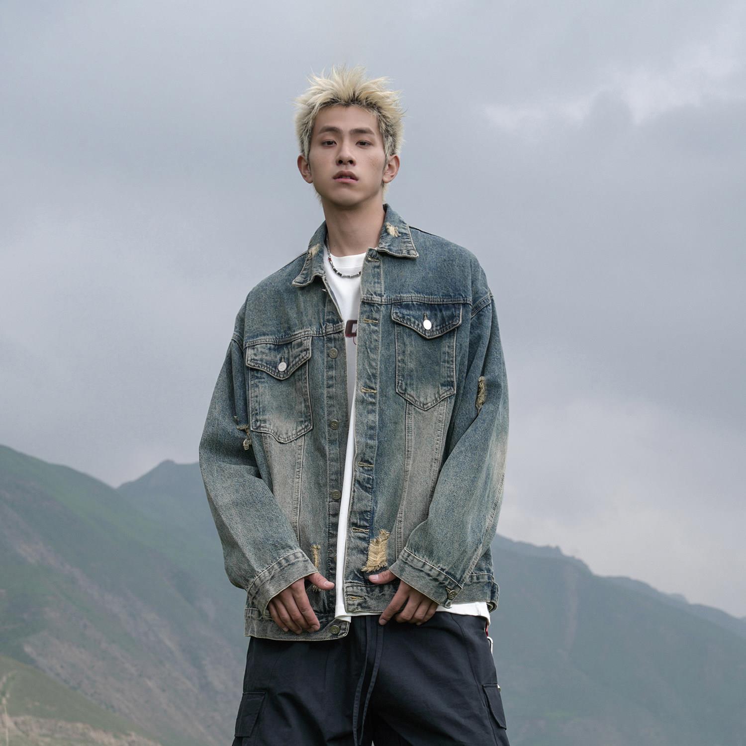 GOGOSOON春秋新款牛仔外套2026男生夹克开春覆古做旧水洗破洞上衣