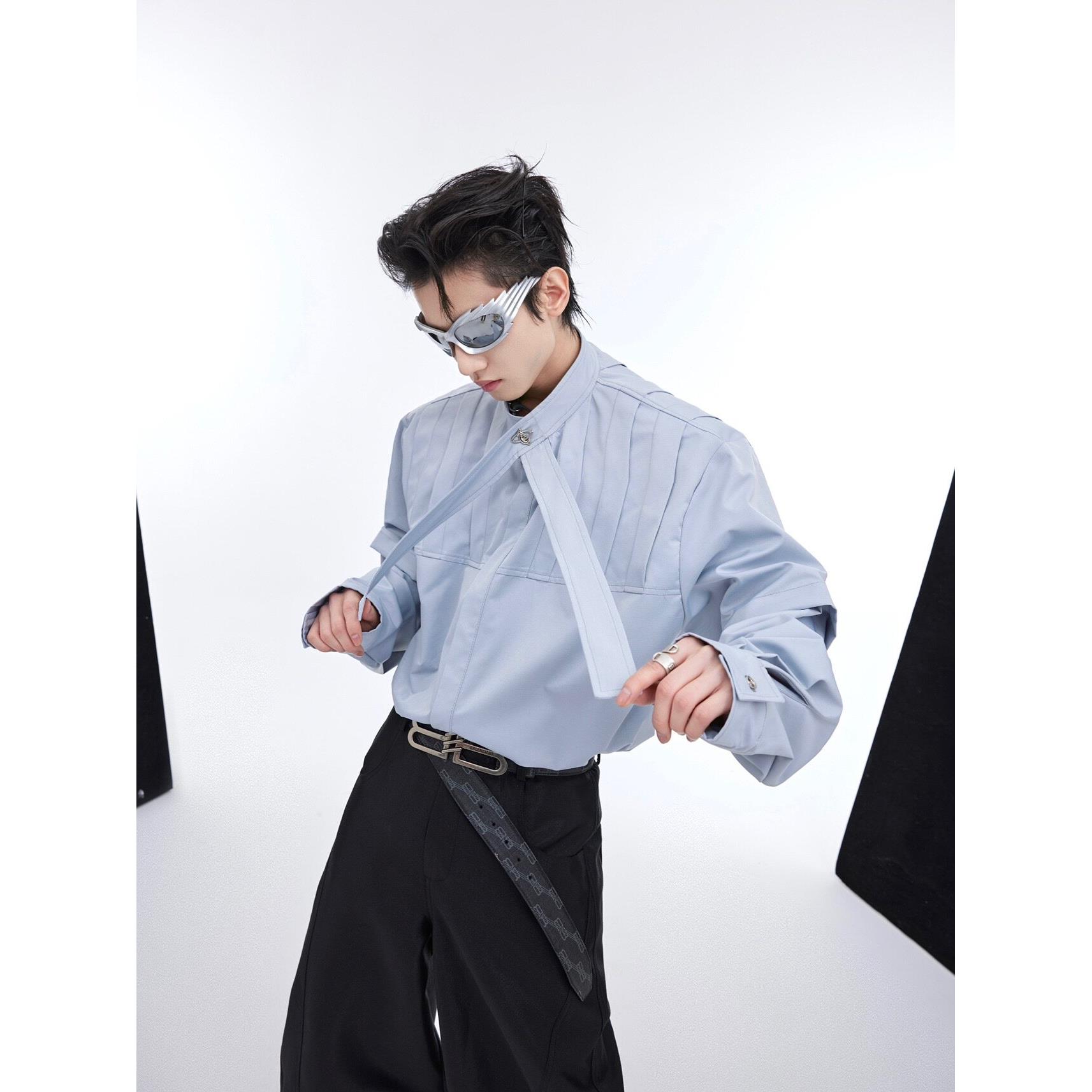 CulturE小众解构立体压褶长袖飘带设计感衬衫男宽松慵懒贵气开 衫