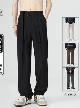CetKy日系自带腰带小设计飘带直筒垂感黑色西裤男宽松休闲长裤子