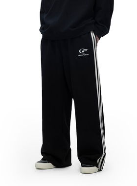 FDR 国潮美式月牙印花条纹休闲裤男女情侣宽松抽绳裤直筒长裤子