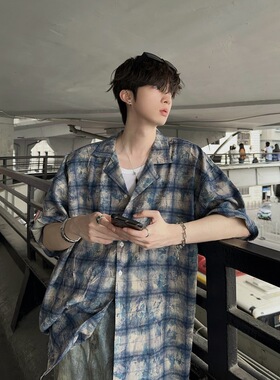 jmhomme 扎染格子衬衫男高级感美式复古潮牌痞帅春秋衬衣外套