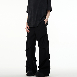 MADWITCH美式复古cleanfit高级感休闲裤褶皱设计宽松微喇黑色长裤