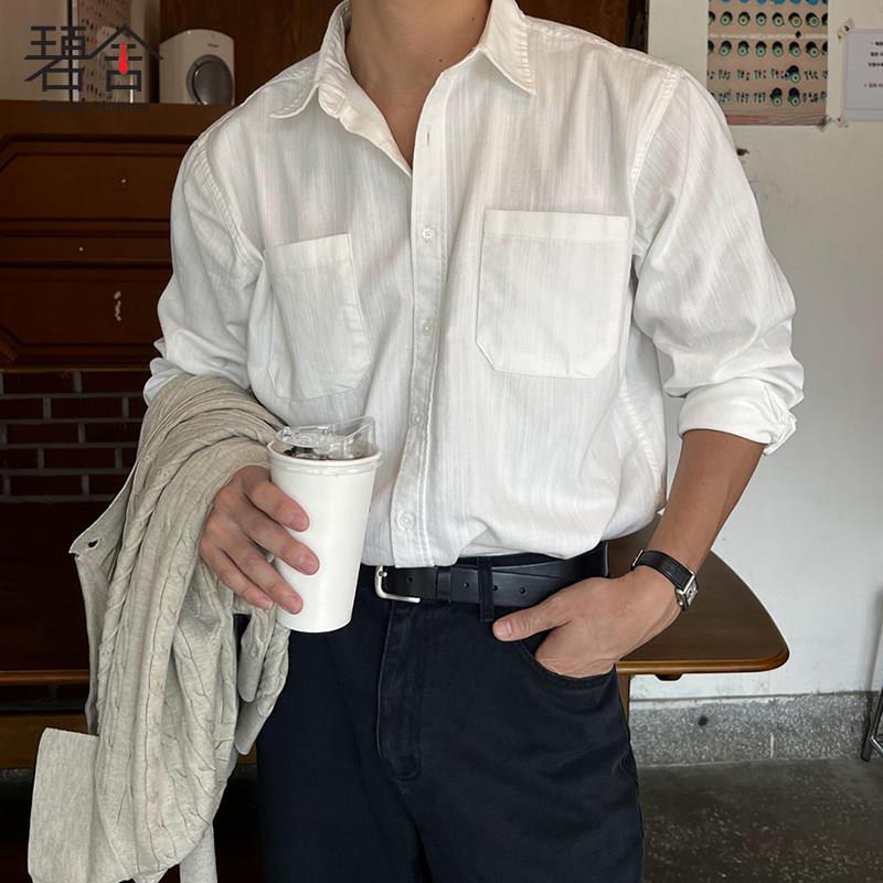 碧舍春夏新款亚麻衬衫长袖口袋白色衬衣透气舒适韩系轻熟简约寸衫