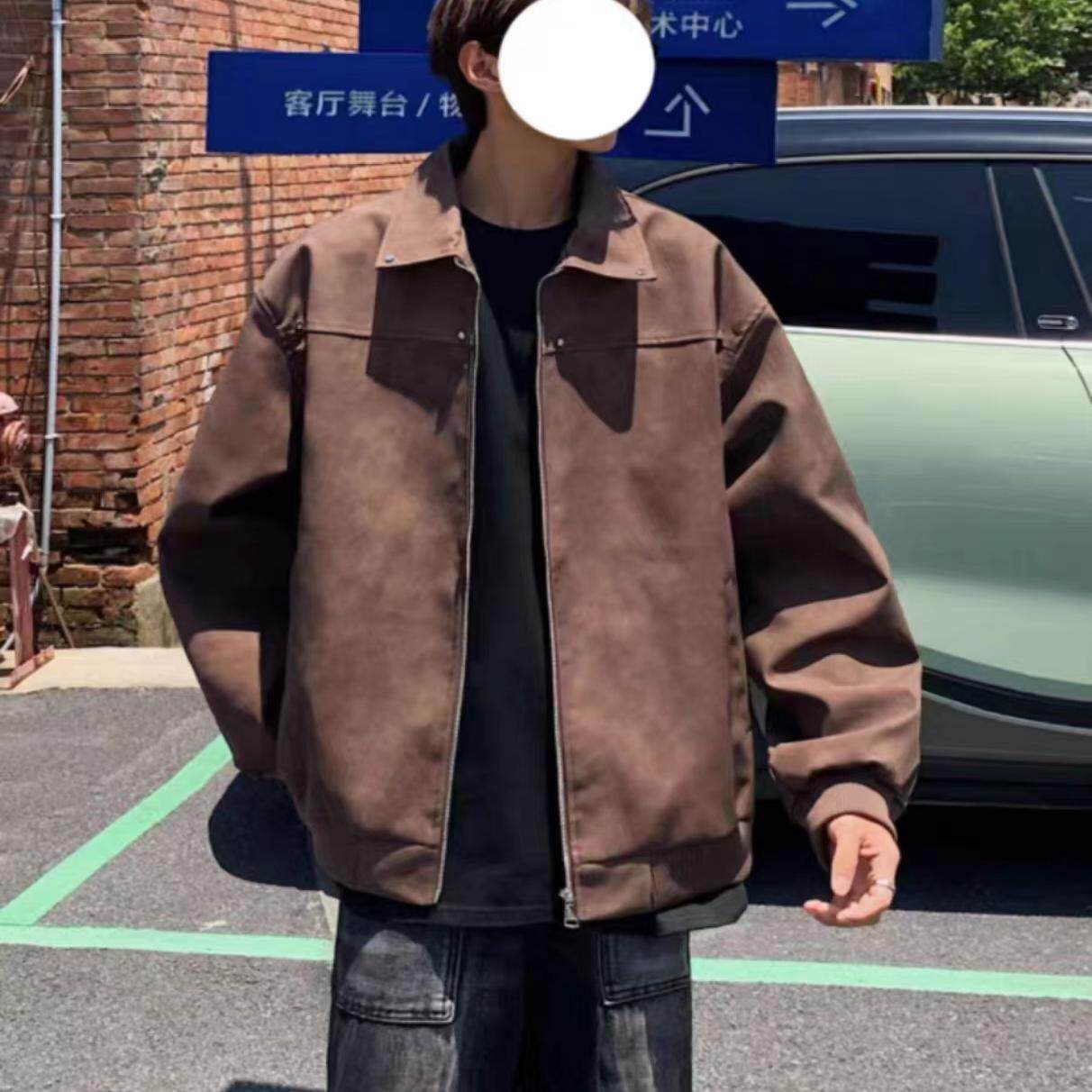 PU皮美式复古铆钉夹克男春秋麂皮翻领美拉德短款机车皮衣外套情侣