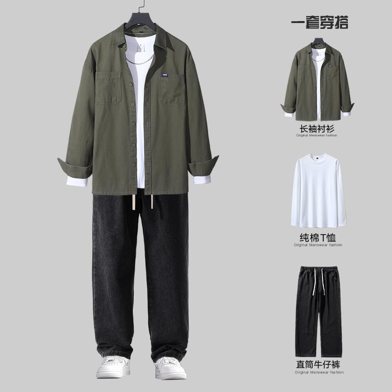 春季新款纯棉衬衫男士长袖休闲 套装日系工装春秋潮流痞帅男装一