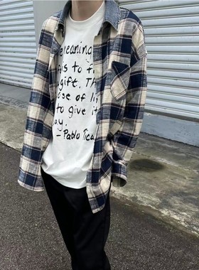 RTIM 十字架蓝色格子牛仔领拼接衬衫 复古欧美OS水洗磨毛衬衣外套