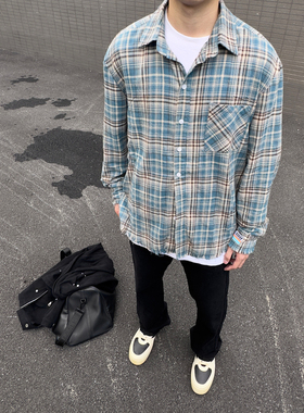 AHCN（志存高远）美式复古街头休闲百搭宽松格纹长袖格子衬衫男女