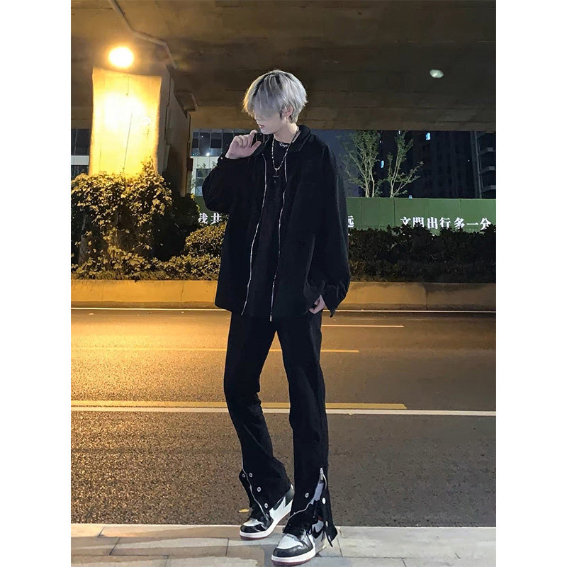 欧美风格高街裤子秋季设计感开叉微喇叭黑色牛仔裤男款修身直筒裤