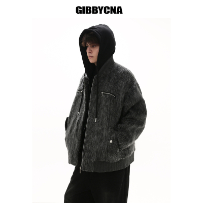 GIBBYCNA冬季复古拼接毛呢假两件夹克男潮牌加厚连帽夹棉外套宽松