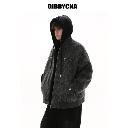 GIBBYCNA冬季复古拼接毛呢假两件夹克男潮牌加厚连帽夹棉外套宽松