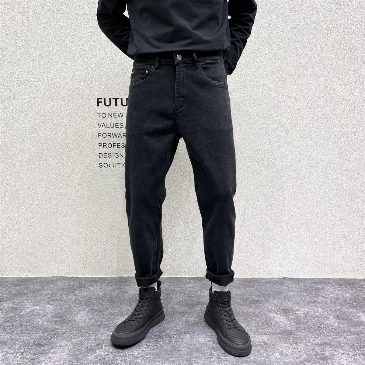 JIDERE高品质感经典黑色牛仔裤男春季修身小直脚型男痞帅显瘦长裤