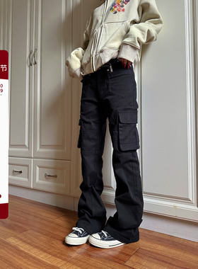 F383 直筒微喇工装裤男女宽松显瘦美式复古cleanfit休闲牛仔裤子