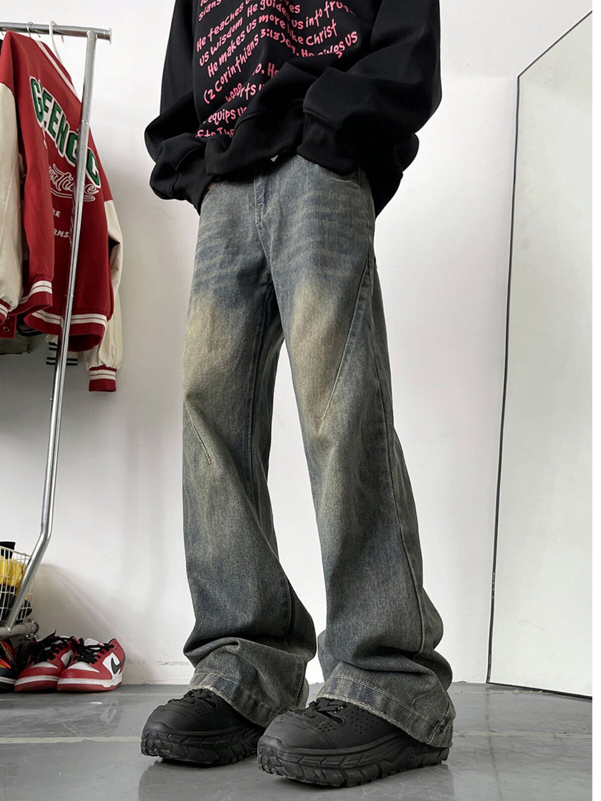 牛仔裤男款秋冬季高级感做旧水洗微喇裤子美式复古宽松休闲长裤子