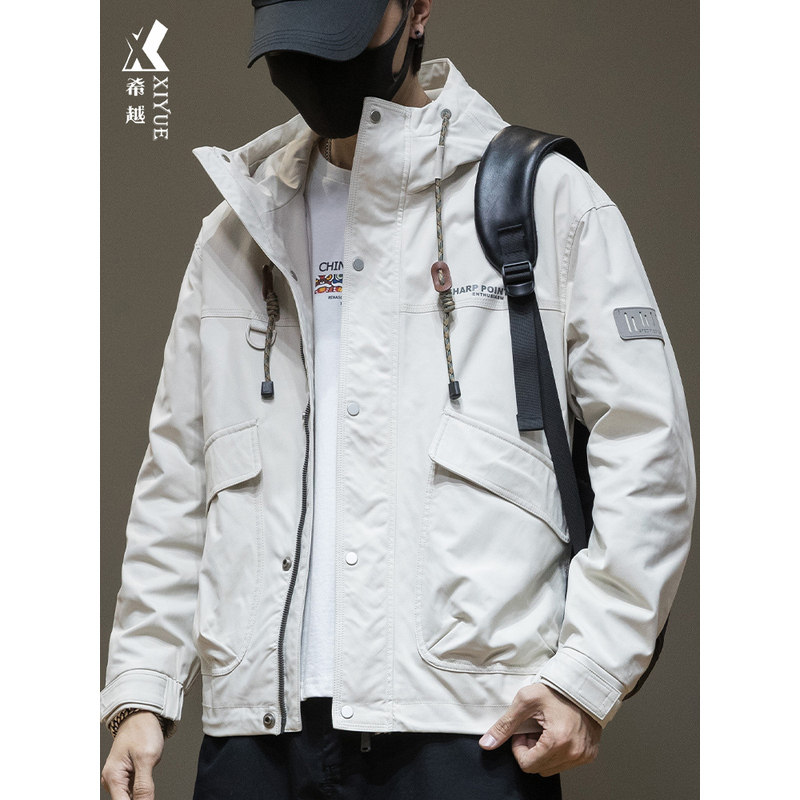 2025春秋新款工装夹克男白色秋冬季棉衣外套男士潮牌大码加厚棉服