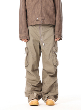 BTSG美式复古重工多口袋拉链褶皱炮弹工装裤廓形宽松阔腿休闲裤男