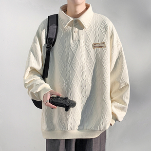 新款 长袖 春秋季 Polo衫 潮牌休闲宽松翻领情侣提花百搭上衣 卫衣男士