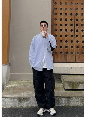 Batterup春秋外套日系宽松条纹拼接水滴袖纯棉休闲长袖衬衫男潮牌