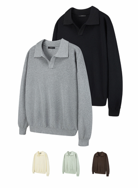 OKINE/V领针织衫POLO翻领套头毛衣长袖复古慵懒短宽基础纯色秋冬