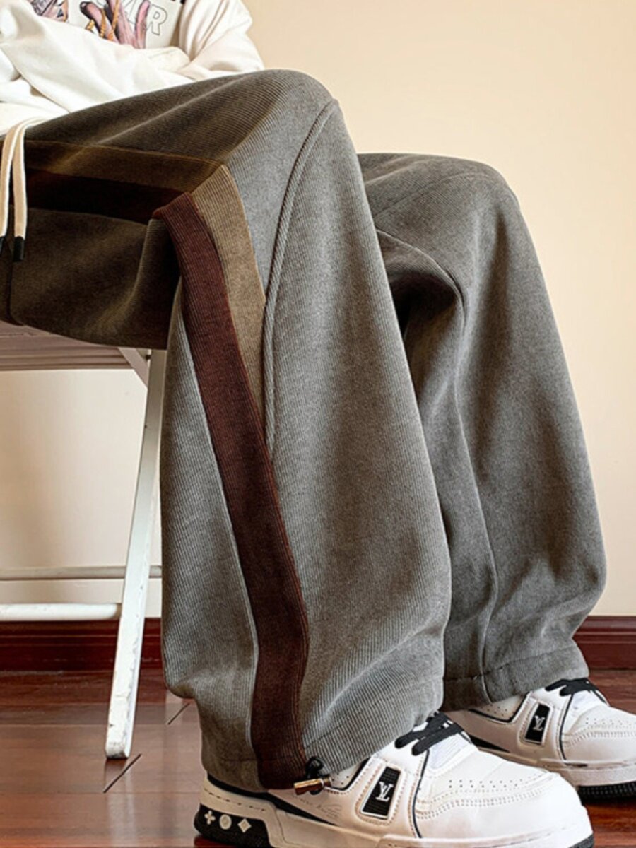 加绒加厚裤子男冬季美式复古流行直筒裤宽松高级感休闲运动长卫裤