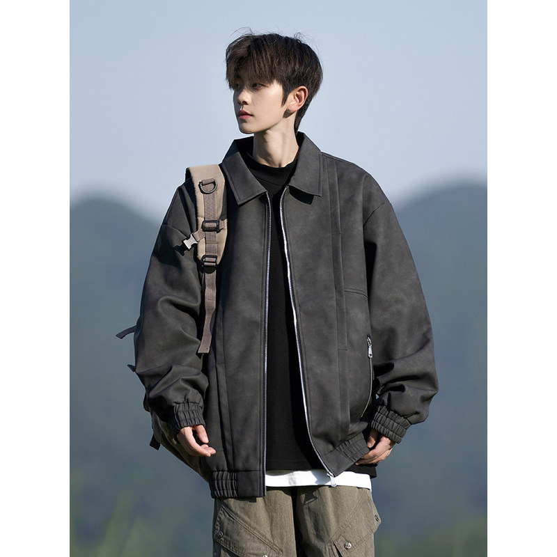 美式复古翻领pu皮夹克男秋季高级感潮牌大码宽松痞帅男生外套男款