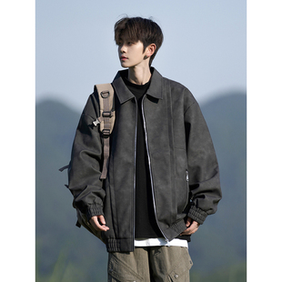 美式复古翻领pu皮夹克男秋季高级感潮牌大码宽松痞帅男生外套男款