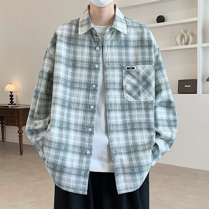 美式风格子衬衫男长袖春