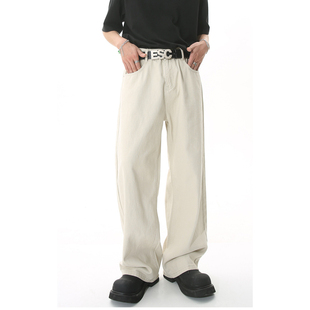 吾一白春秋2025新款男生美式高街直筒宽松水洗白色牛仔裤男士裤子