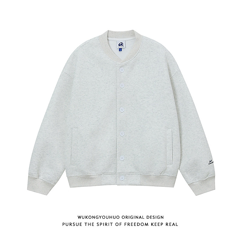 悟空有货美式重磅灰色开衫卫衣男潮牌简约纯色棒球服休闲运动外套