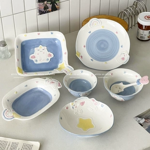 猫咪盘子陶瓷狗狗吃饭碗饭盆宠物碗食盆餐盘大口径可爱罐头冻干碗