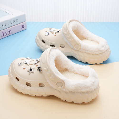 秋冬女加绒防滑防水厚底洞洞鞋