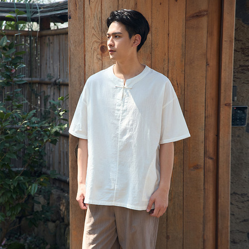 照本堂夏季新款棉麻衬衫男