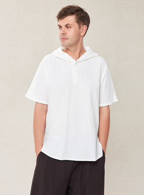 【照本堂男装】夏季新款棉麻上衣男休闲20支连帽短袖套头衫M12520