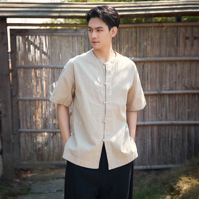 原创设计棉麻茶服中式风圆领布衣
