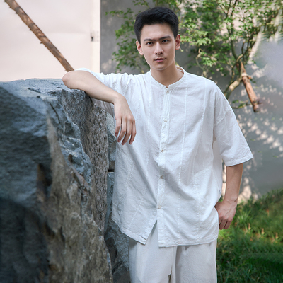 【照本堂】2025夏季新款新中式男装棉麻30支休闲衬衫短袖男M12730