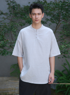 【照本堂】2025夏季新款新中式套头衫男棉麻30支短袖衬衫M12734