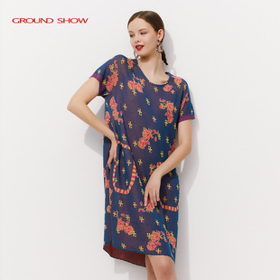 Ground Show 阁兰秀玫瑰提花针织短袖 连衣裙夏女V领纯棉A字裙长款